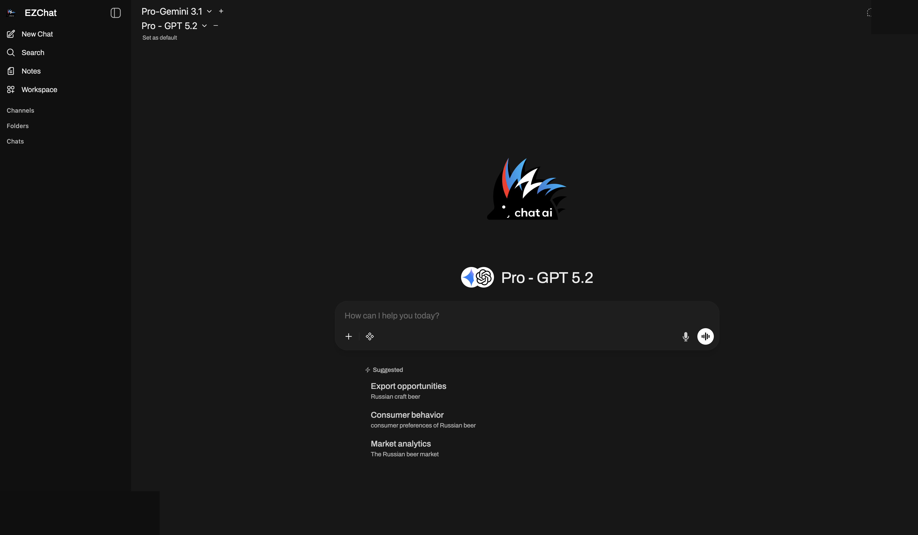 EZChat dark-mode workspace screenshot
